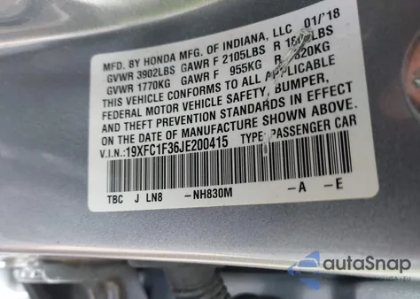 2018 Honda Civic Ex-T из США, поврежденный, VIN 19XFC1F36JE200415